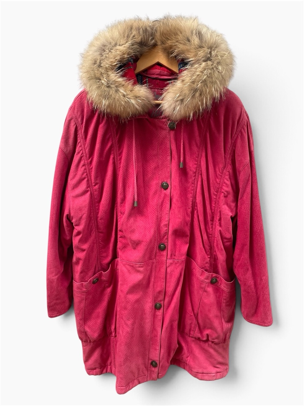 Vintage Friitala Red Suede Leather Parka Coat w/ Detachable Fur Hood, Women's 14